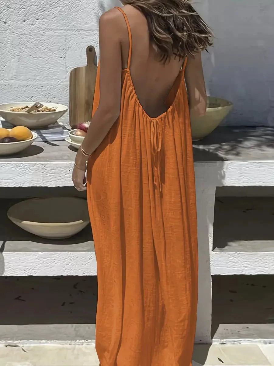 Ladies Loose H-Line Long Gown Nightwear | Comfortable Polyester Sleeveless Strap Home Clothing | Casual V-Neck Solid Color Lounge Dress | Elegant Ankle-Length Summer Beach Style Sleepwear Luxegan