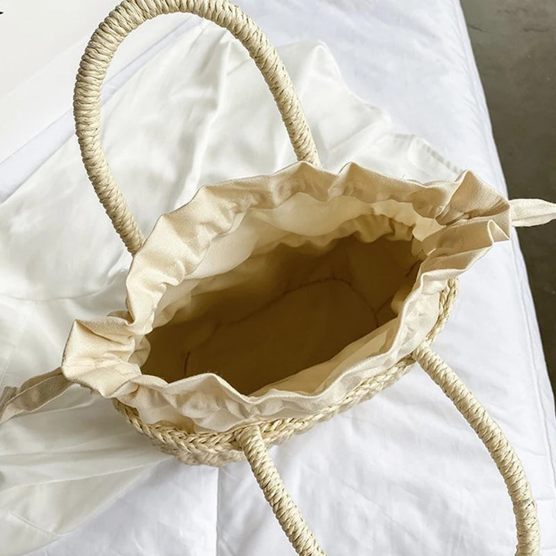 Women’s Summer Straw Rattan Handbag | Sophisticated Woven Small Clutch & Basket Bag | Elegant Retro Beach Vacation Tote | "Dignified" Soft Bucket Purse for Versatile Holiday Styling Luxegan