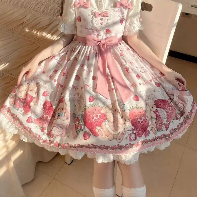 Falling Rabbit Berry Lolita Pink Cute SJK Dress Lolita Big Skirt Girls Birthday Show Cake Dress  birthday dress for women