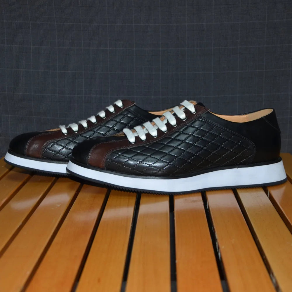 Original Men's Designer Casual Sneakers | Genuine Leather Plaid Derby Skateboard Shoes (Height Increasing) Luxegan