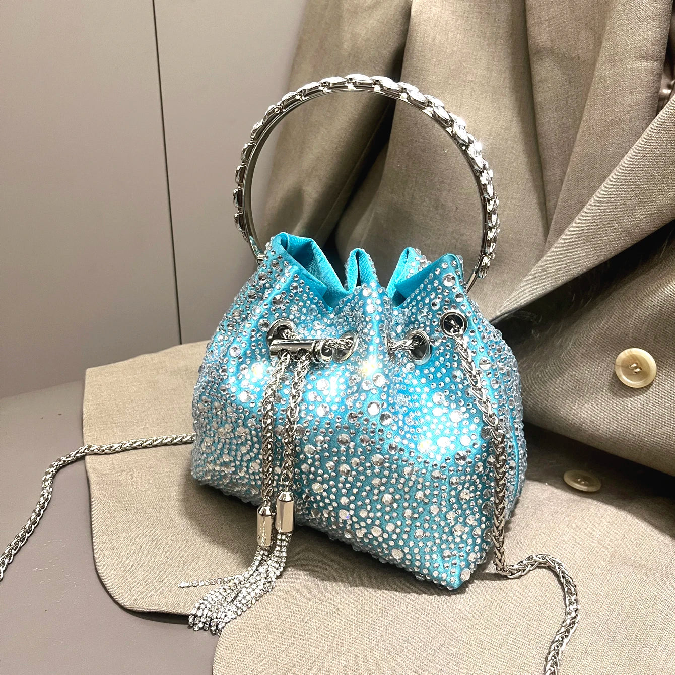 Luxury Designer Rhinestone Evening Clutch | Shiny Crystal Bucket Handbag & Fashion Shoulder Bag Luxegan