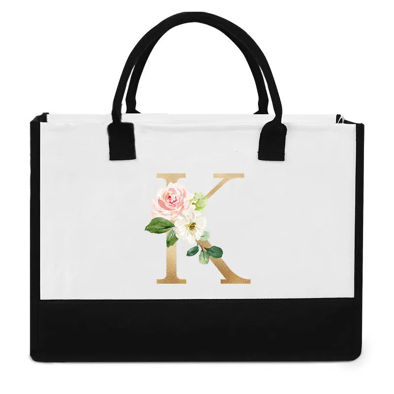 High-Quality Reusable Jute Shopping Bag | Waterproof Fashion Tote with Floral & Letter Print | Versatile Cotton Blend Bag for Beach, Picnics, and Grocery Stores Luxegan