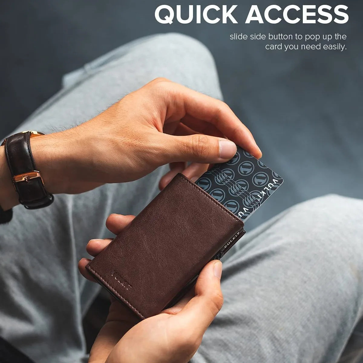 Men's Pop-Up Minimalist Card Holder Wallet | Premium RFID-Blocking Slim Metal Bank Card Case | PU Leather Pocket Organizer Wallet with Money Pocket & Coin Compartment Model 1688 Luxegan