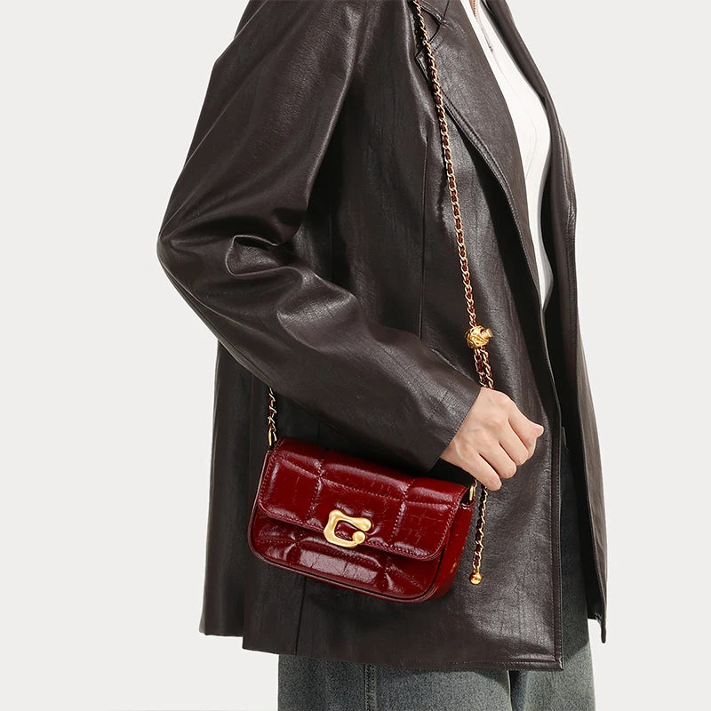 Genuine Leather Crossbody Bag | Luxury Brand Shoulder Bag with Chain Strap & Unique Design Quilted Handbag Luxegan