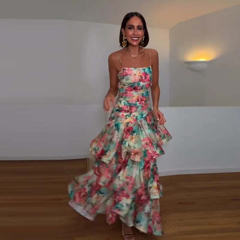Women's Casual Printed Ruffle Sling Dress Luxegan