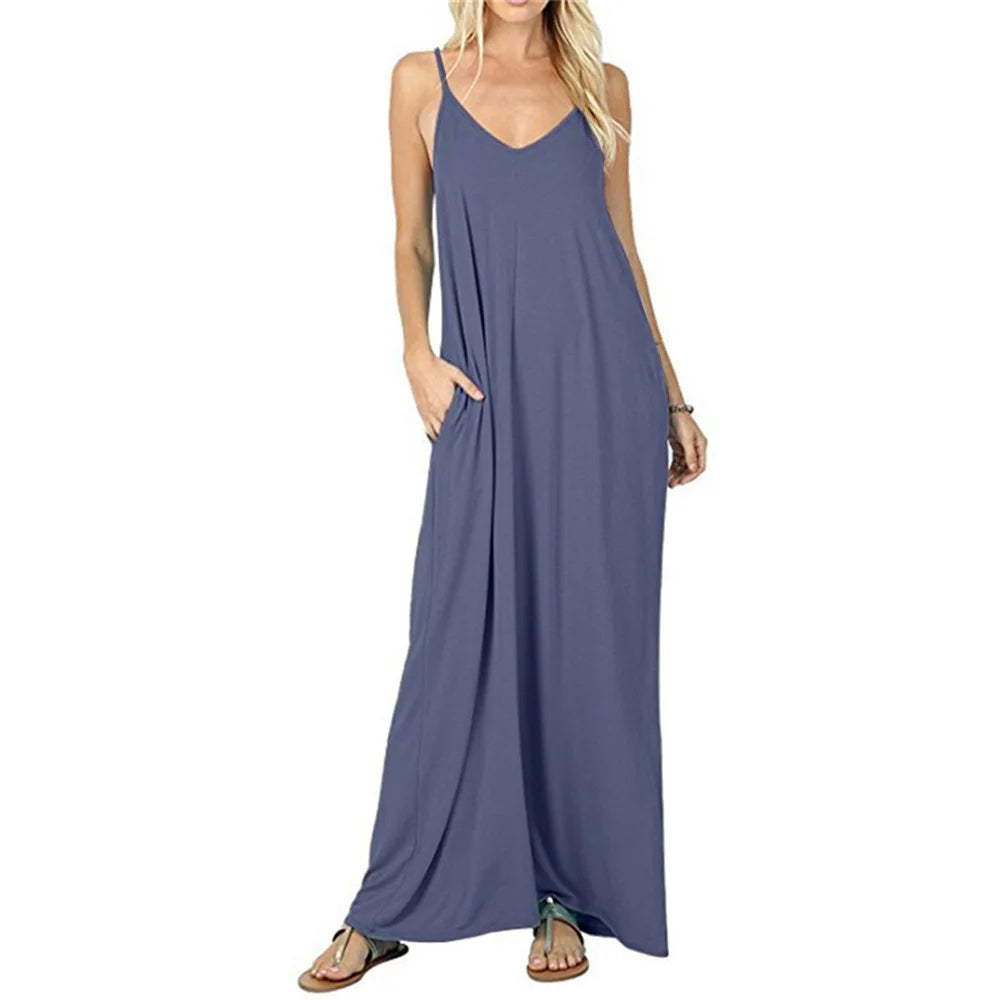 Women's New Summer Couture Line Plain Baggy Dress | Elegant V-Neck Sleeveless Tank Top Dress | Sexy Sling Spaghetti Strap Evening Gown | Premium Medium Stretch Loose Fit Straight Silhouette Floor-Length Camisole Vestido Model A2312088 Luxegan