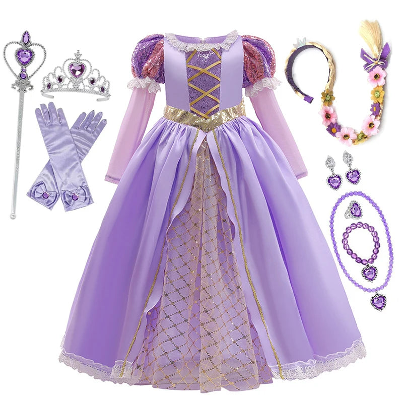 Girls' Rapunzel Princess Costume Dress | Kids Tangled Cosplay Carnival Disguise Gown | Short-Sleeve Ankle-Length Birthday Party Outfit for 2-10 Years Luxegan