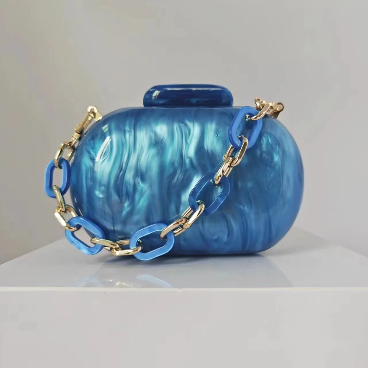 Acrylic Oval Evening Clutch | Sophisticated Hard-Shell Party Handbag | Elegant Prom Barrel-Shaped Purse | "Dignified" Modern Acrylic Phone Clutch with Stylish Chain Detail Luxegan