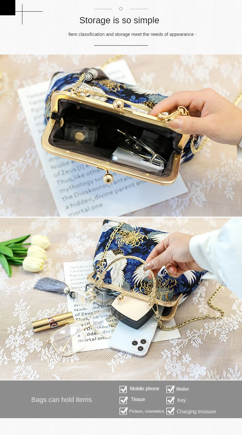 Vintage Cotton Shell Bag | Fringe & Crane Embroidery Chain Crossbody Luxegan