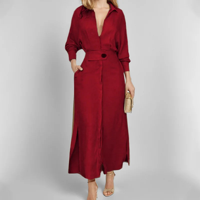 Women's Dress Autumn New Fashion Elegant Long Sleeve Leisure Solid Color V Neck Sexy Ladies Shirt Dresses Commuting Streetwear
