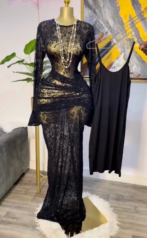 Long Sleeve Stacked Mesh Maxi Dress | Sexy See-Through Evening Gown with Premium Lining | Autumn Birthday Clubwear Bodycon Dress | Elegant O-Neck Flare Sleeve Floor-Length Pencil Robe Luxegan