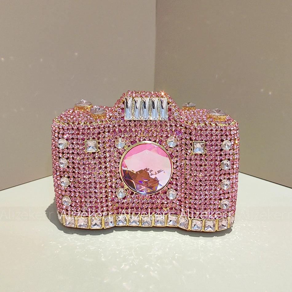 Camera-Shaped Boutique Evening Clutch | Sophisticated Novelty Metallic Rhinestone Purse | Elegant Diamond-Encrusted Bridal Handbag | "Dignified" Hard-Shell Dress Bag for Versatile Party Styling Luxegan