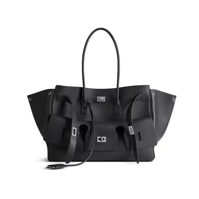 Luxury Real Leather Tote Bag Brand Texture Lock Wing Bag Solid Color Simple New Horizontal Square Bag Women's Commuter Handbag