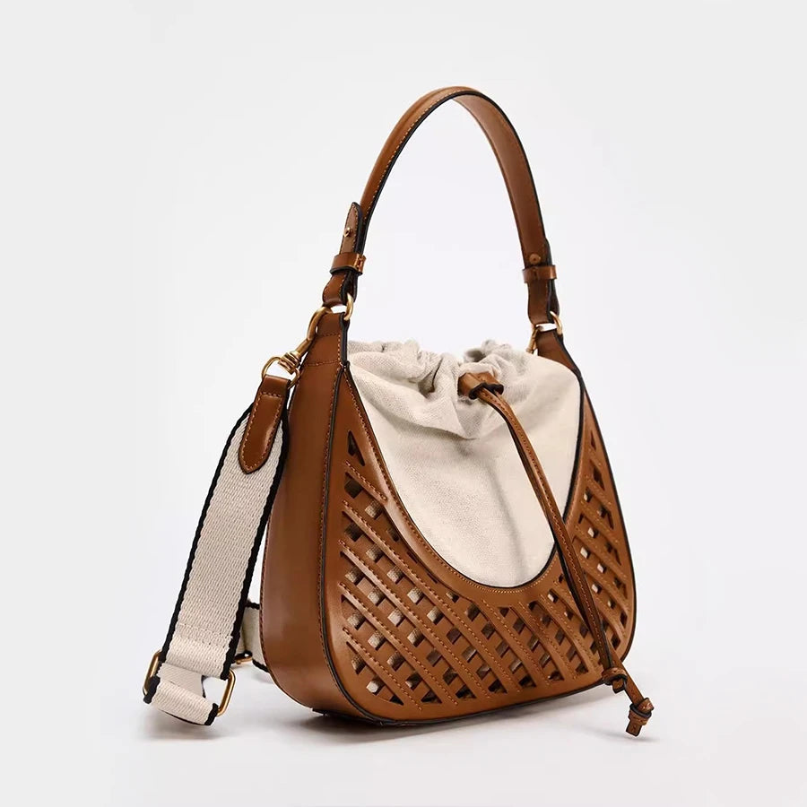 Fashionable Autumn & Winter Woven Hollow Shoulder & Crossbody Bag | Retro Versatile Travel Contrast Color Large Capacity Canvas Handbag Luxegan