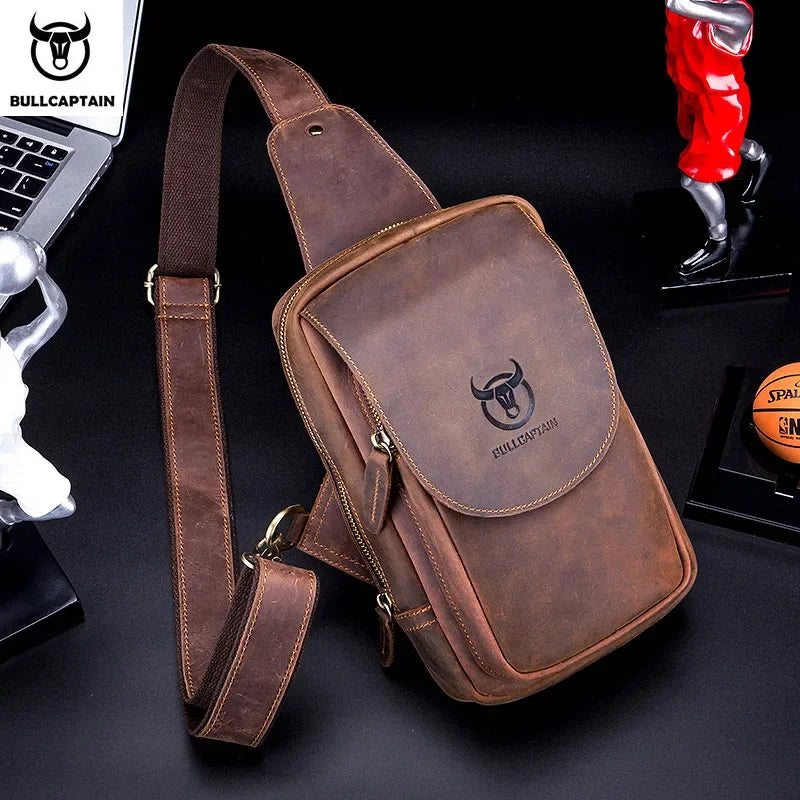 BULLCAPTAIN Bolsos cruzados para hombre de cuero Crazy Horse, bolso de pecho de cuero, bolsos cruzados retro para hombre con bolsillo de cremallera, bolso de viaje corto