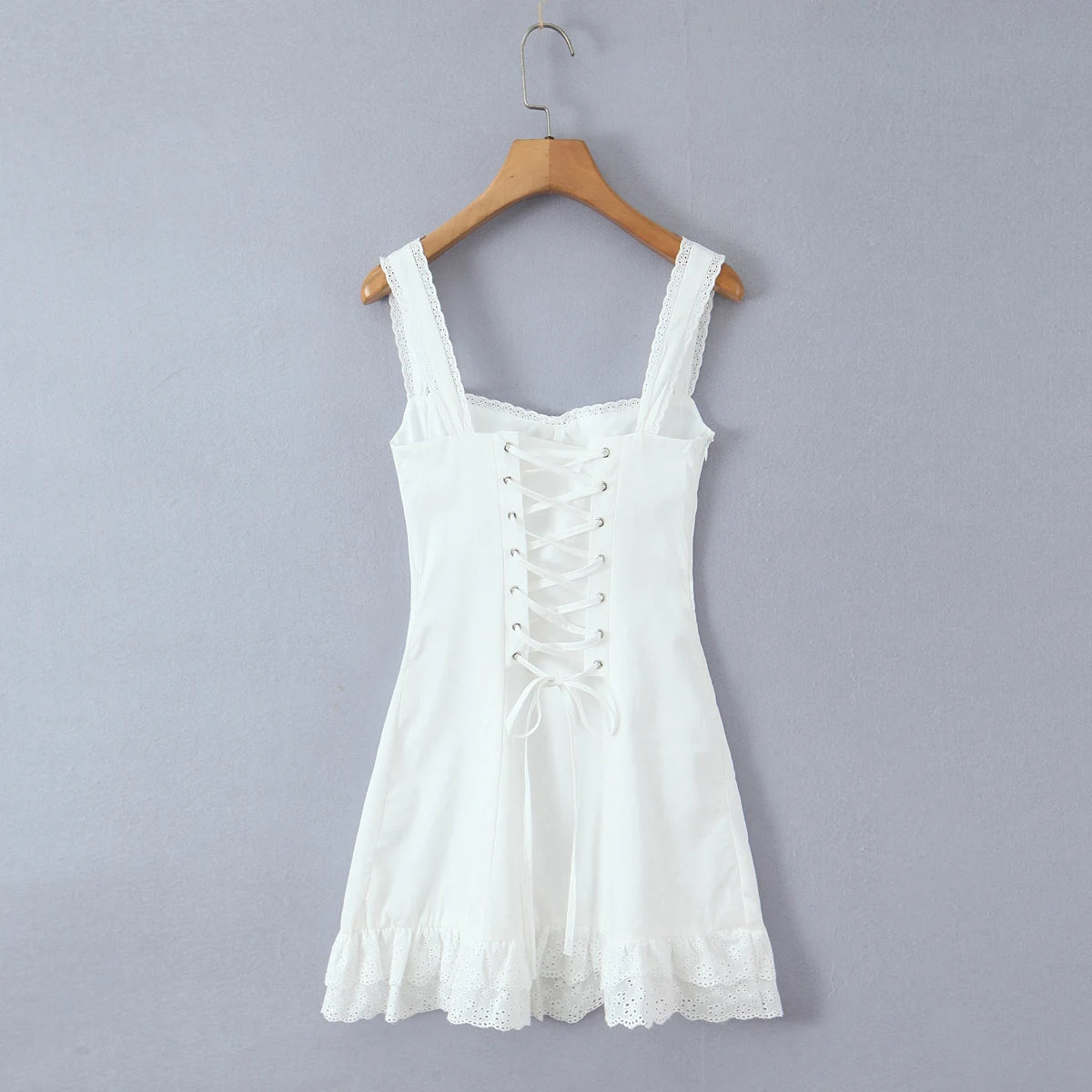3 Colors Red Spliced Lace Ruched Chest Corset Style Sling Dress Women Cross Lacing Up Back Wood Ears Hem Tank Dresses Vestidos