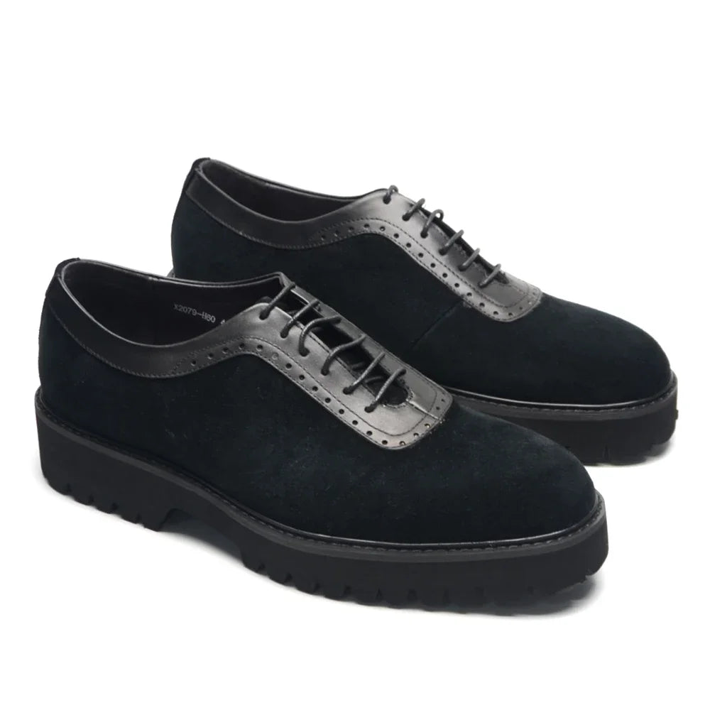 Designer Luxury Platform Oxfords for Men | Cow Suede Genuine Leather Black & Blue Casual Sneakers (Height Increasing) Luxegan