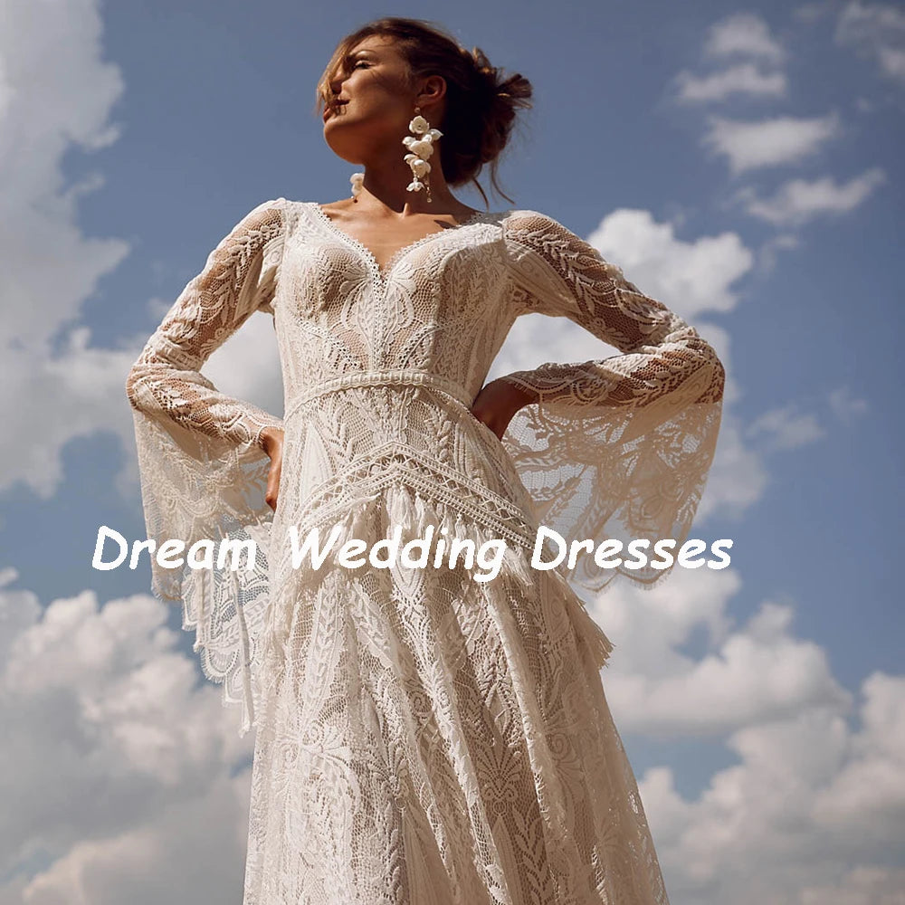Exquisite Custom V-Neck Flare Sleeve Bridal Gown | Vintage Backless Lace Mermaid Wedding Dress | Bohemian-Inspired Long Bride Dress with Ruffled Tassel Accents & Sweep Train Luxegan