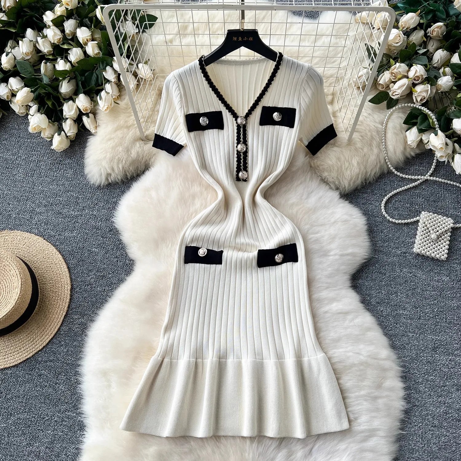 Women's Elegant Ribbed Knitted Mermaid Dress | Slim Fit V-Neck Button Sweater Dress | Office Lady Medium Stretch Bodycon Gown | Premium Short-Sleeve Mini Trumpet Vestido Model OU2403 Luxegan