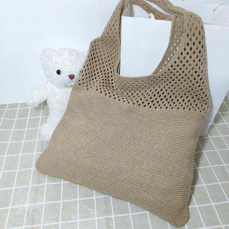New Trend Women's Crochet Handbag | Retro Knitted Braid Solid Color Hollow Top-Handle Tote Bag (Black Khaki Shopper) Luxegan