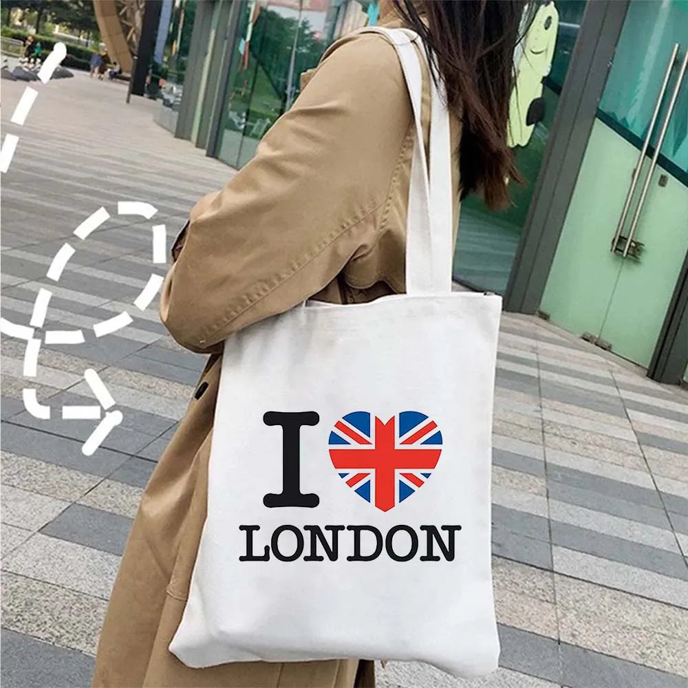 London Big Ben England Map Flag Canvas Tote Bag | UK City Landscape Skyline Shoulder Shopping Handbag (Women's Tourist Gift) Luxegan