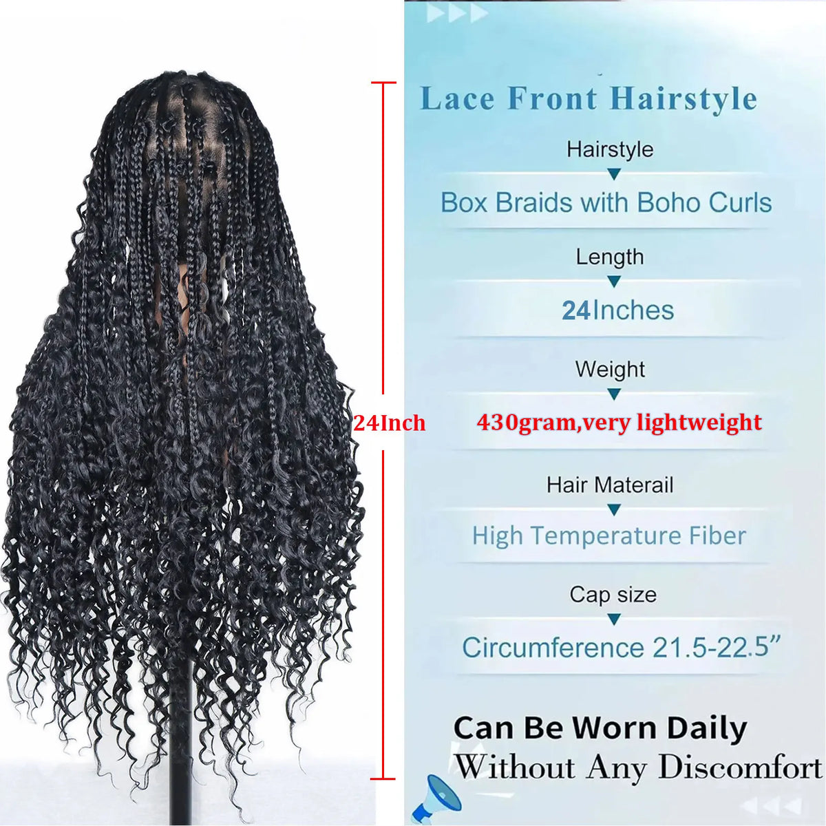 24" Boho Double Full Lace Knotless Braided Wig - Bohemian Curly - Synthetic - with Baby Hair
