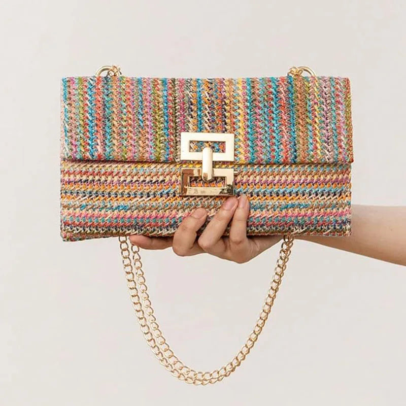 Straw Envelope Evening Party Handbag | Women's Woven Clutch & Chain Crossbody Purse Luxegan