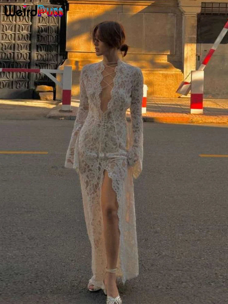 Women's Embroidery Ruffles Long Dress | Sexy Deep V-Neck See-Through Tassel Gown | Elegant Solid Color Floor-Length Straight Vestido | High Stretch Slim Fit Petal Sleeve Model K24D51295 Luxegan