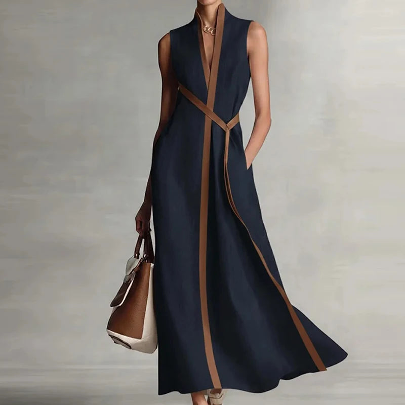 V-Neck Sleeveless Patchwork A-Line Loose Ankle-Length Maxi Dress | Elegant Chic Holiday Party Dress Luxegan