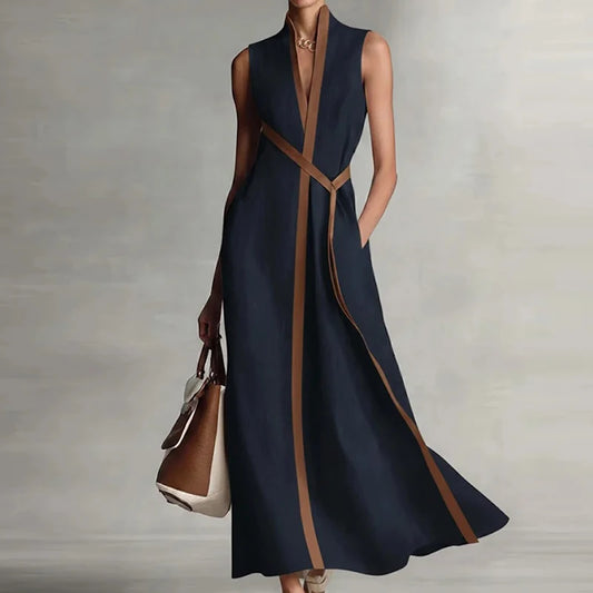 V-Neck Sleeveless Patchwork A-Line Loose Ankle-Length Maxi Dress | Elegant Chic Holiday Party Dress Luxegan