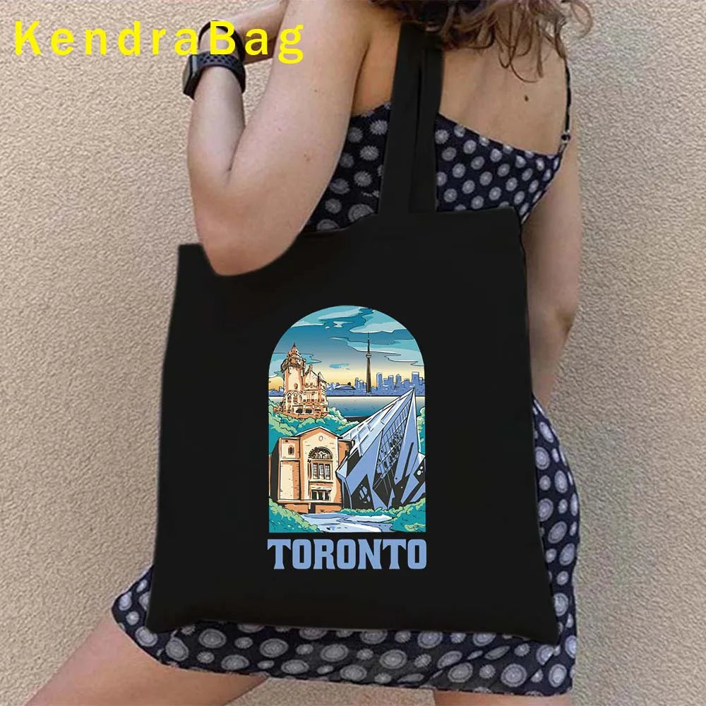 Canadian City Landscape Cotton Canvas Tote Bag | Happy Canada Day Tourist Gift | Reusable Eco-Friendly Shoulder Handbag (Women) Luxegan