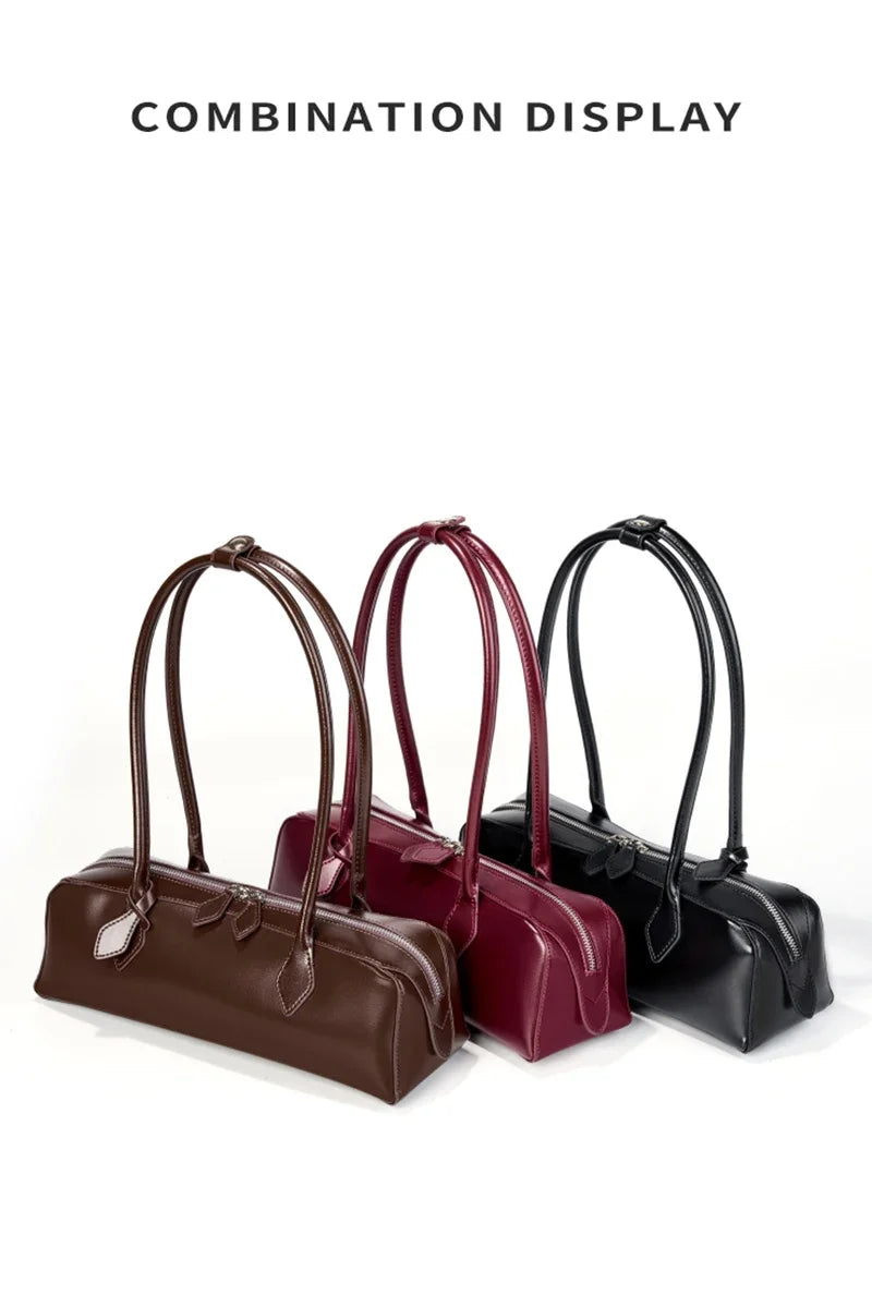 New Genuine Leather Women's Shoulder Bag | Large Capacity Cowhide Luxury Handbag (Long Strip Wine Red Baguette Bag) Luxegan