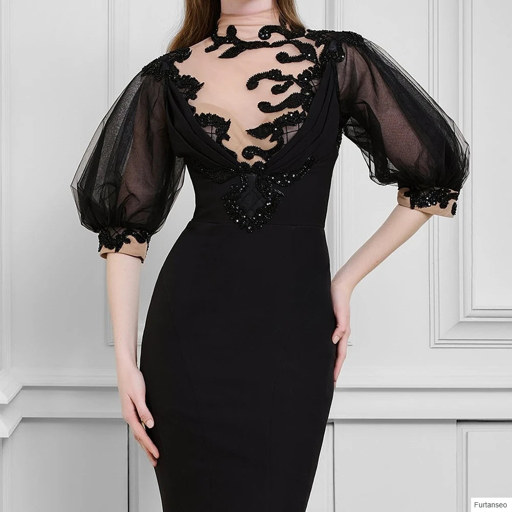Sequined Draped Mermaid Evening Gown | High-Neck Half Sleeve Floor-Length Prom Dress Luxegan 