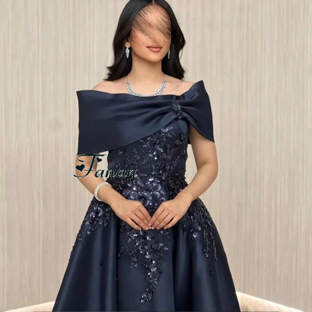 Navy Blue Off-The-Shoulder Satin Evening Dress | Elegant Flower Appliques Ankle-Length Prom Gown | Sleeveless Draped Formal Evening Party Dress Luxegan