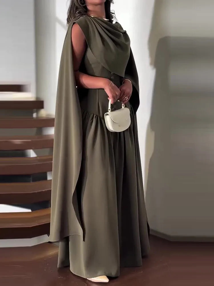Shawl Collar Sleeveless Hollow-Out Draped A-Line Ankle-Length Maxi Dress | Elegant Banquet Temperament Dress Luxegan
