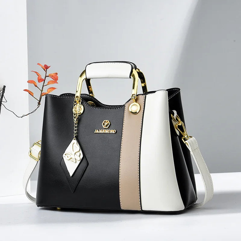 Women’s Fashion Cat-Themed Satchel | Sophisticated Top-Handle Handbag | Fashion-Forward Patchwork Shoulder Bag | Elegant Crossbody Purse with Tassel Decoration Luxegan