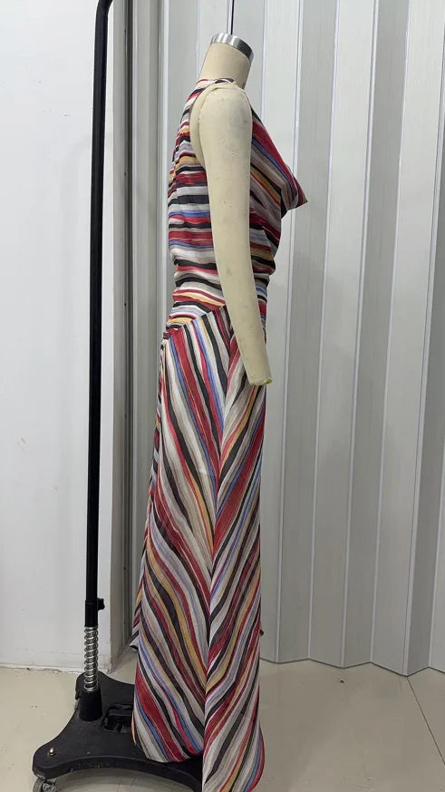 2026 Women Colorful Wavy Striped Maxi Dress Chic Swinging Collar Sleeveless Slim Waist Holiday Dresses Summer Lady Vacation Robe