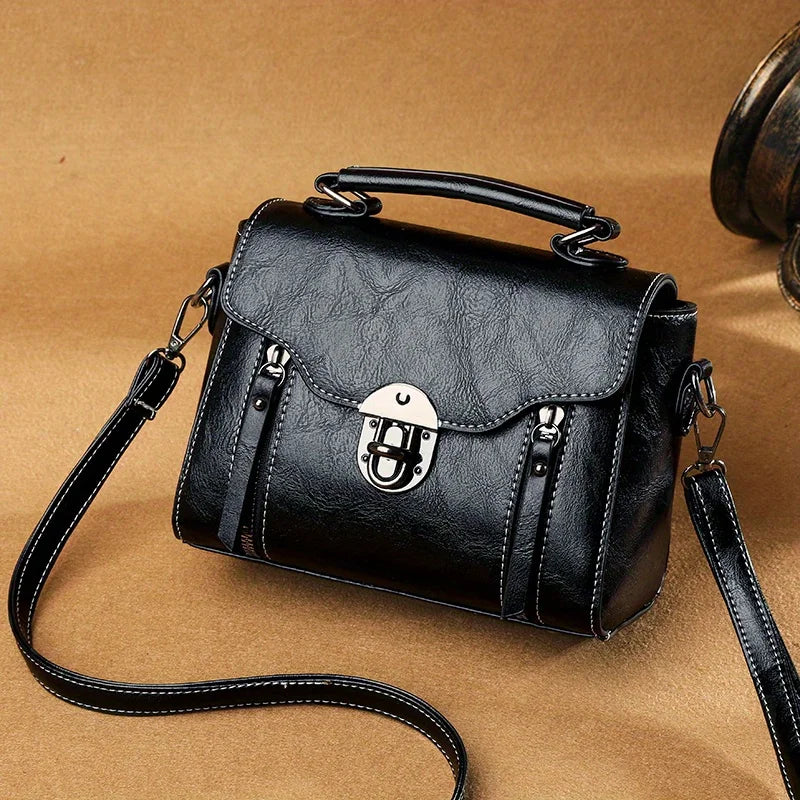 Vintage Turn-Lock Square Satchel Bag for Women | Classic PU Leather Shoulder & Crossbody Handbag (Everyday Tote, Secure Travel Purse) Luxegan