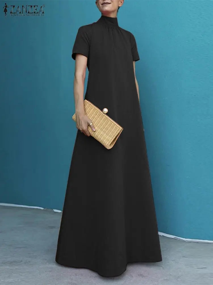 Turtleneck Short Sleeve Maxi Dress | Loose A-Line Elastic Waist Vintage Casual Dress Luxegan