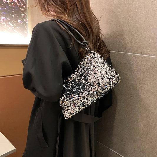 Women's New Korean Style Sequin Handbag | Popular Bling Shoulder & Underarm Bag (Wedding Banquet Wallet & Glitter Crossbody) Luxegan