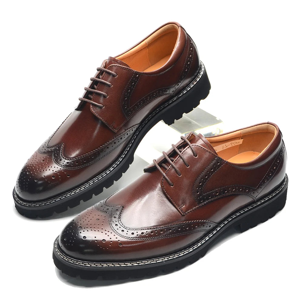 Handsome Men's Luxury Genuine Leather Sneakers | Wingtip Brogue Casual Oxfords (Height Increasing, Waterproof) Luxegan