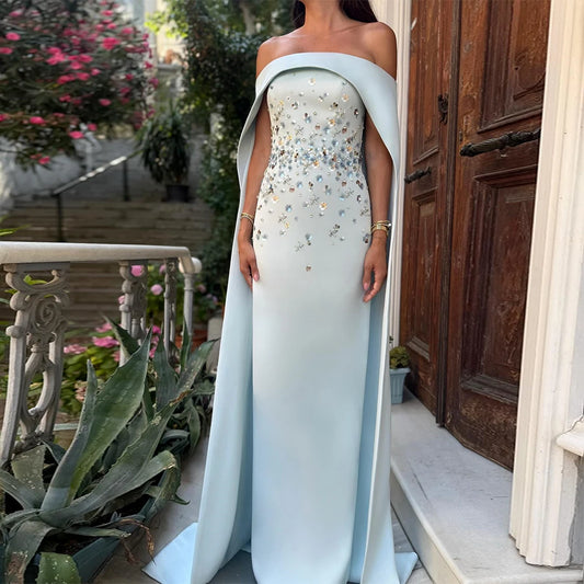 Luxurious Baby Blue Column Evening Dress with Cape | Elegant Off-The-Shoulder Sequin Beaded Gown | Premium Crepe Floor-Length Formal Dress | Model 1005009529729881 Exquisite Sweep Train Gala Dress Luxegan