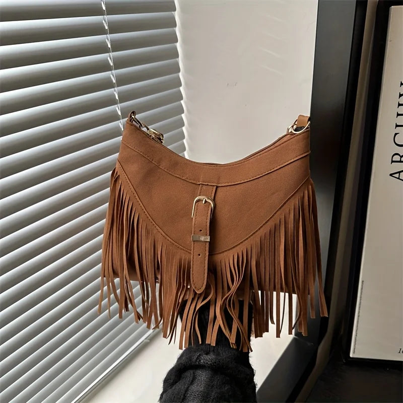 Women’s Vintage Faux Suede Messenger Bag | Western-Style Tassel Crossbody with Sequined Accents | Lightweight Fashion Satchel with Adjustable Detachable Strap Luxegan