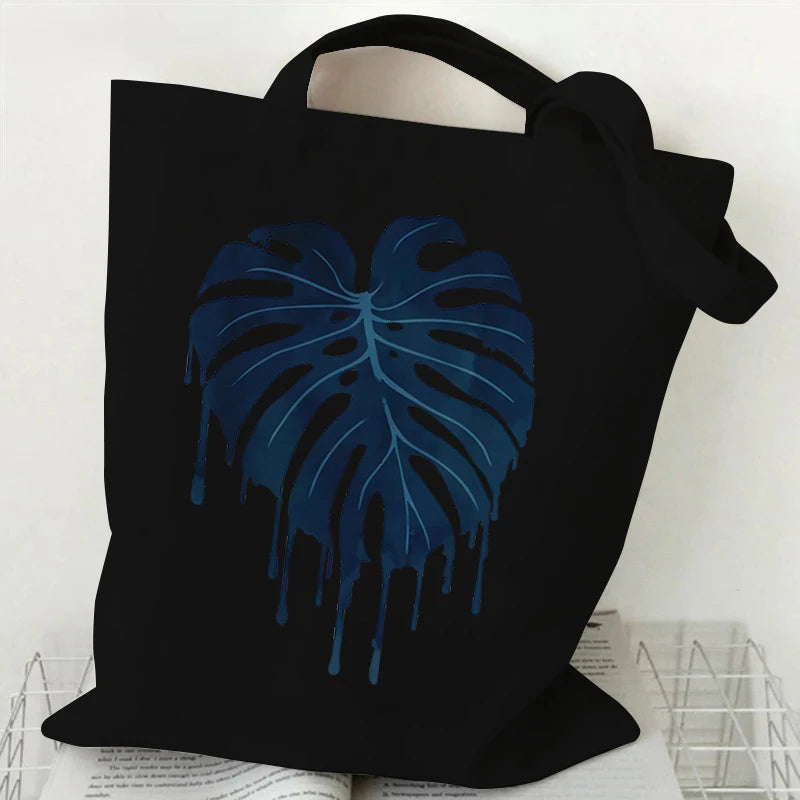 Monstera Plant Print Canvas Shopping Bag | Unisex Casual Large Capacity Shoulder Bag | Eco-friendly Reusable Grocery Shopper Tote 