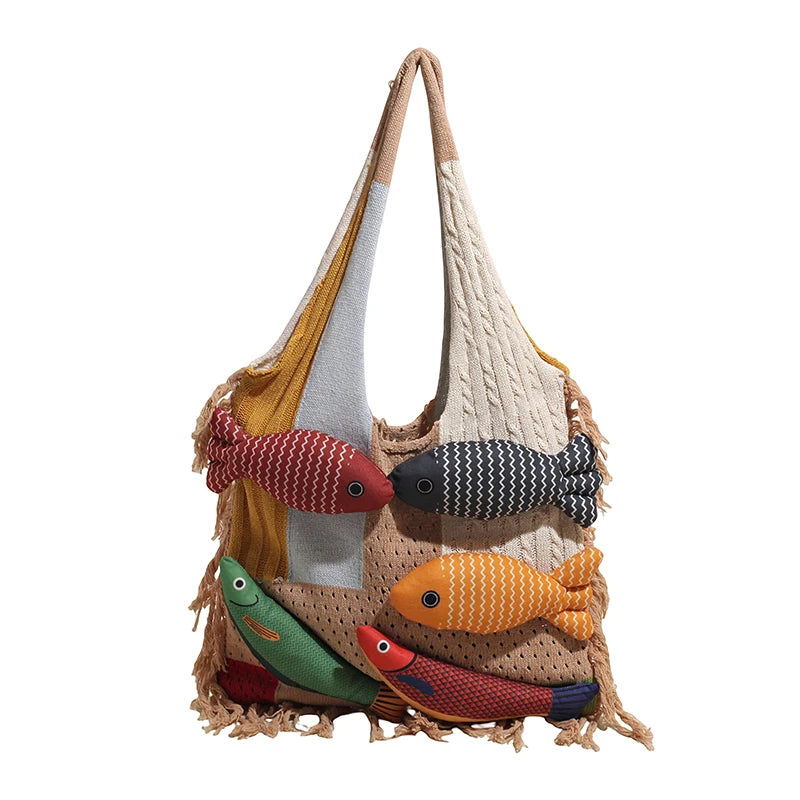 Korean Style Contrast Color Woven Tote | Lightweight Large Capacity Summer Shoulder Bag | Fashionable Patchwork Cotton Handbag with Artisan Appliques | Casual Versatile Beach & Daily Shopping Bag (Model 7715) Luxegan