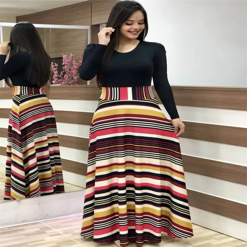 Print Round Neck Regular Fit Straight Ankle-Length Dress – Short & Long Sleeve Options, Spring/Summer