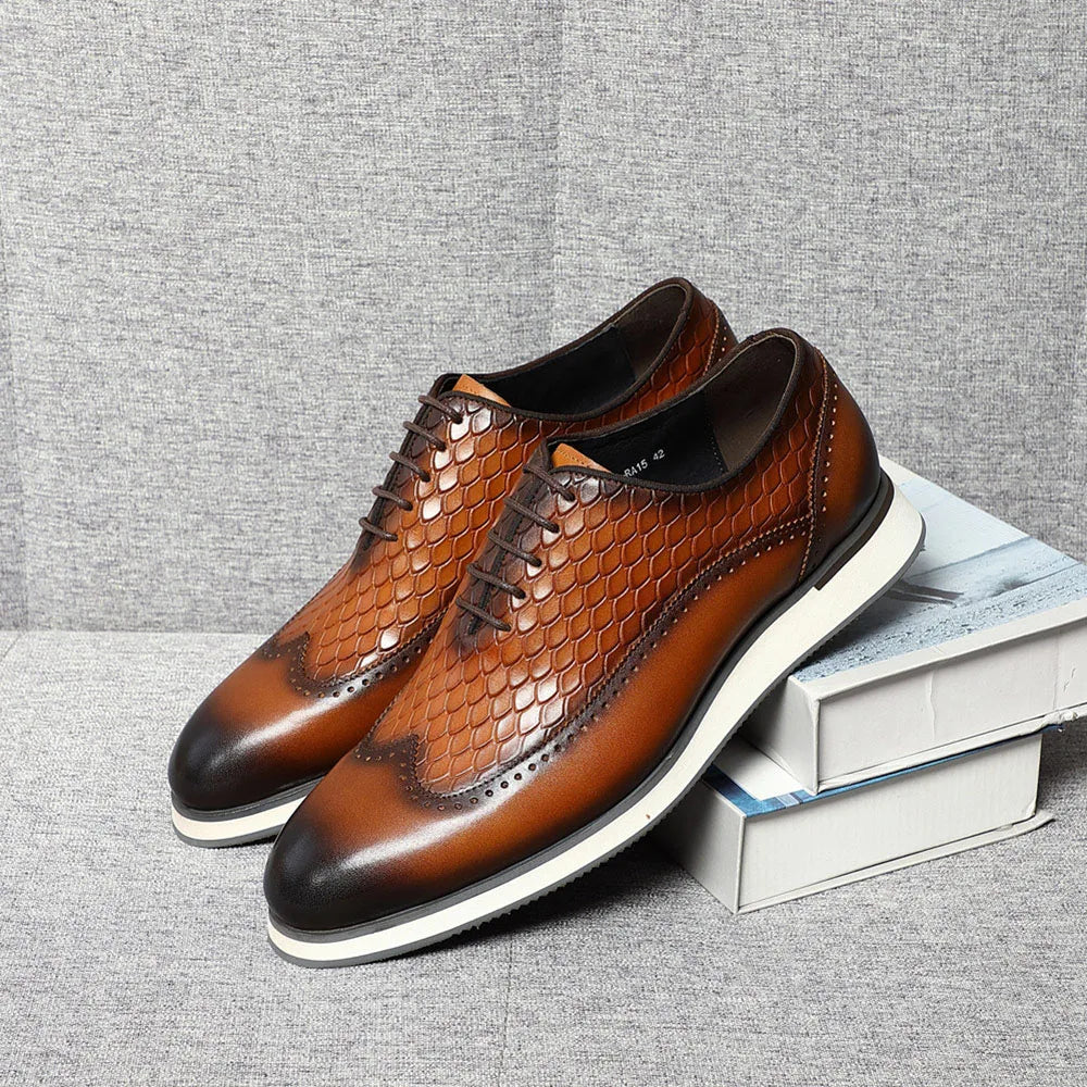 Men's Natural Genuine Leather Oxfords | Classic European Style Snake Print Casual Sneakers (Breathable) Luxegan
