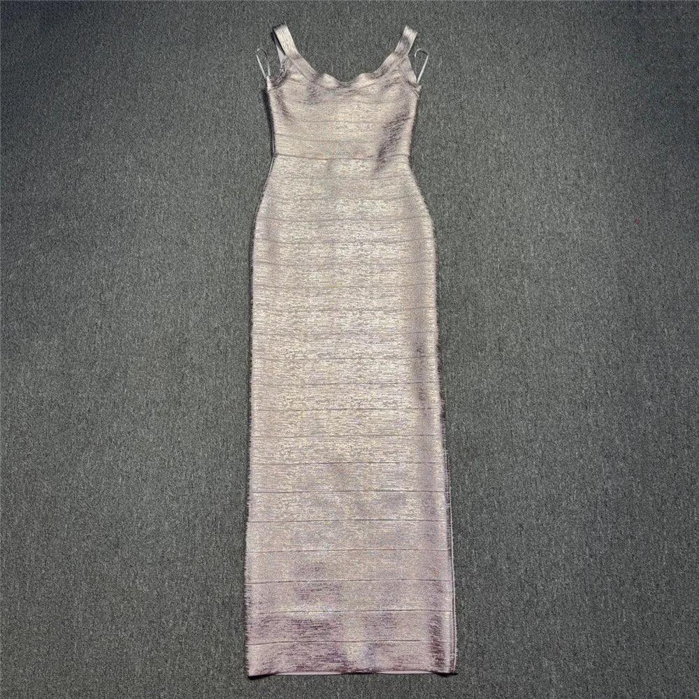 Hot Stamping Bandage Maxi Dress | Spaghetti Strap Backless Sheath Celebrity Party Dress Luxegan