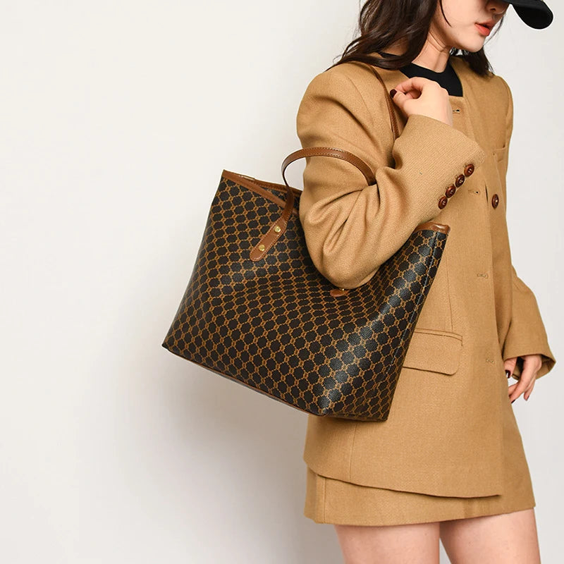 Large Capacity Shoulder Bag for Women | PU Leather Handbag for Commuting & Casual Use (Versatile Tote Bag, Geometric Pattern) Luxegan