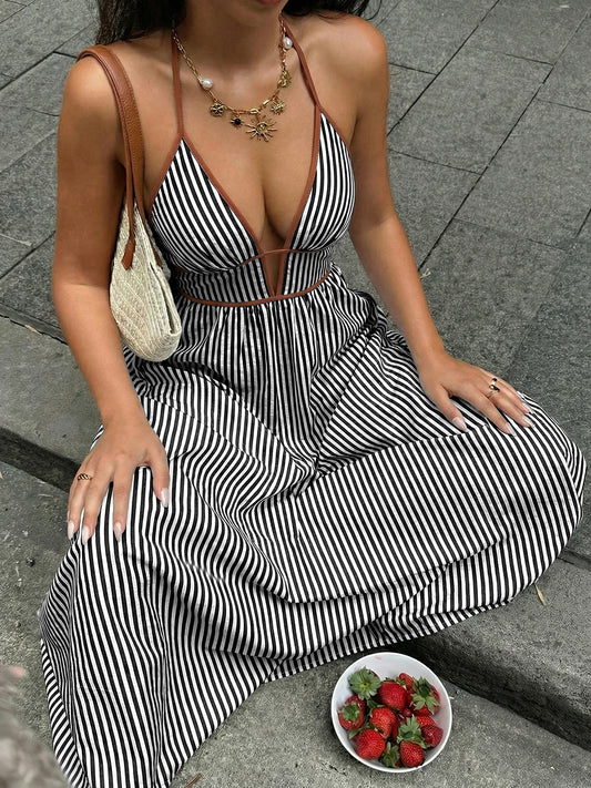Deep V-Neck Halter Backless Striped Fit & Flare Maxi Dress | Sleeveless Sexy Beach Summer Dress Luxegan